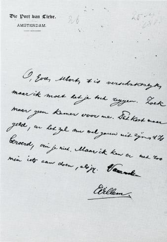 In 1888 verkeerde Kloos in een diepe crisis. Vanuit het café Die Port van Cleve stuurde hij een briefje aan zijn jonge vriend Albert Verwey.  De beweging van 80 p. 63