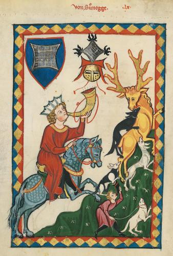 De hertenjacht was een populair tijdverdrijf onder de middeleeuwse adel. Deze Duitse edelman werd in de Codex Manesse afgebeeld met alles wat nodig was tijdens een hertenjacht: jachthoorns, paarden en jachthonden.