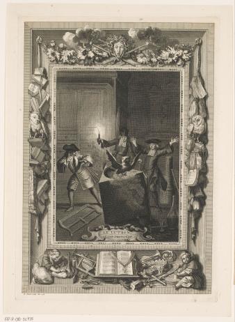 'Uil vliegt uit lessenaar', ets en gravure (atelier van) Bernard Picart, 1728.