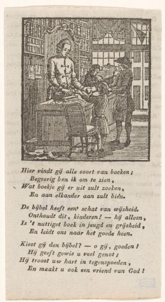 Jongen rekent een boek af in een boekwinkel, anoniem, ca. 1800-ca. 1849. 