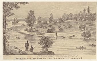 Zeventiende-eeuwse voorstelling van het eiland Manhattan bij de aankomst van Henry Hudson in 1609.